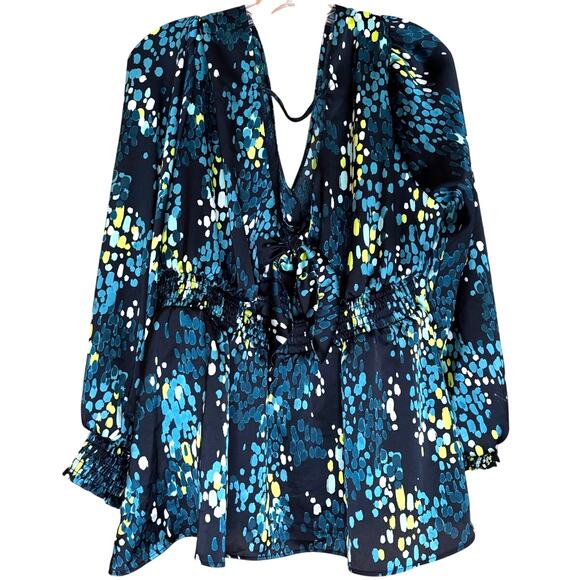 Torrid Silky Green, Blk, Yellow Silky, Tie-back Peplum Top, Size 0=12, EUC - Picture 3 of 4